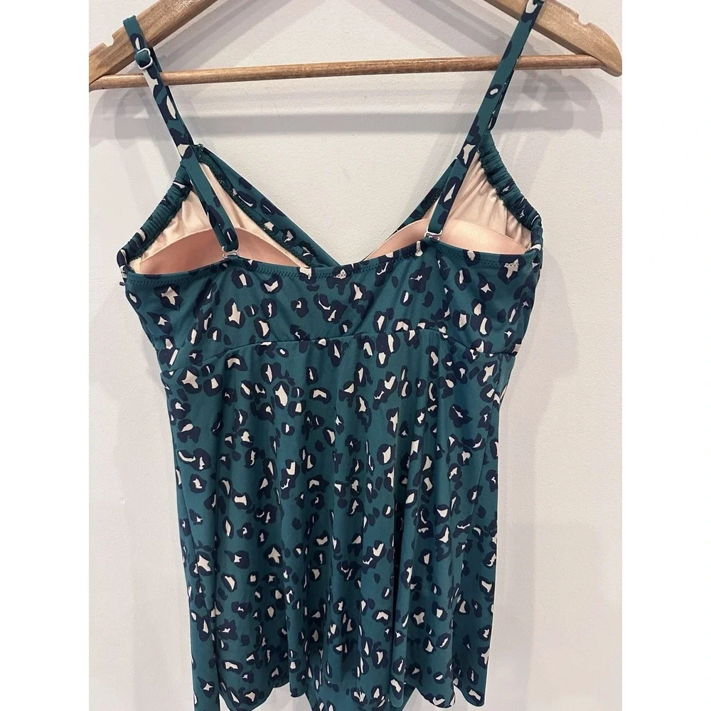 Garnet Hill One Piece Swimsuit‎ 10 Teal Leopard Twist Front Tummy Control Nwot